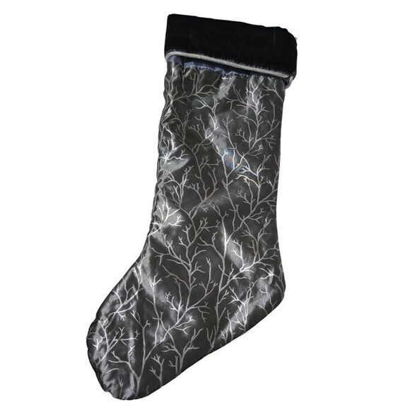 Elegant Silver & Black Holiday Christmas Stocking With Branch Design - Picture 1 of 2